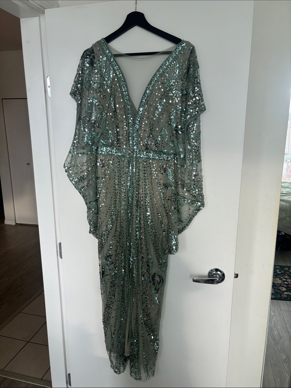 Sage Green Sequin Embellished Evening Dress